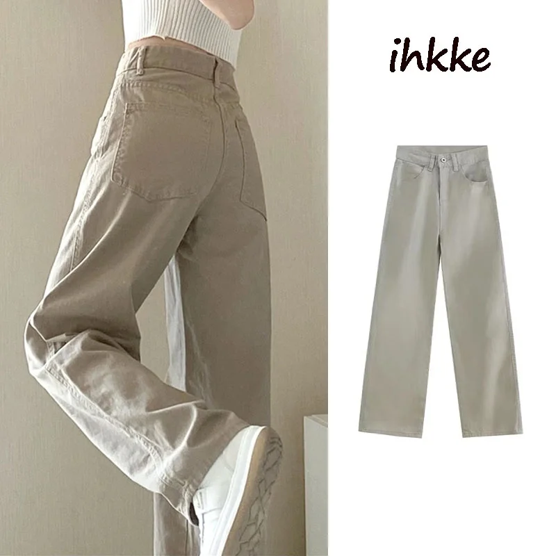 

Ihkke Khaki Jeans Straight Wide Leg Pants Design High Waist Trousers