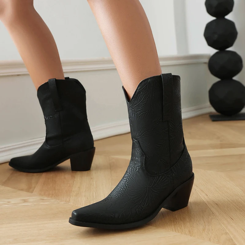 Kcenid Fashion Women Ankle Boots Flower Embroidery Chunky Heels Western Chelsea Boots Pointed Toe Plus Size Autumn Winter Shoes