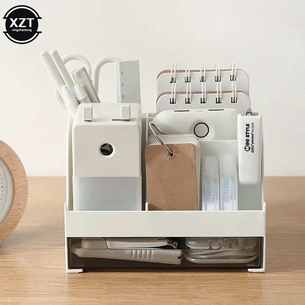 4 Color Desktop Organizer Large Capacity Desk Accessories Pen Holder With Drawer Pencil Storage Box School Office Stationery New