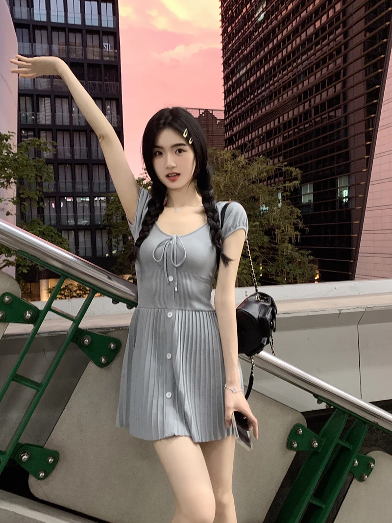 Sexy Knitted Dresses for Women V-neck A-Line Pleated Mini Dress Korean Fashion Solid Autumn Knitting One Piece Vestido Mujer New