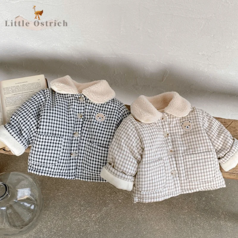 Newborn Baby Girl Boy Bear Fleece Inside Jacket Infant Toddler Child Cotton Padded Coat Warm Plaid Outwear Baby Clothes 9M-3Y