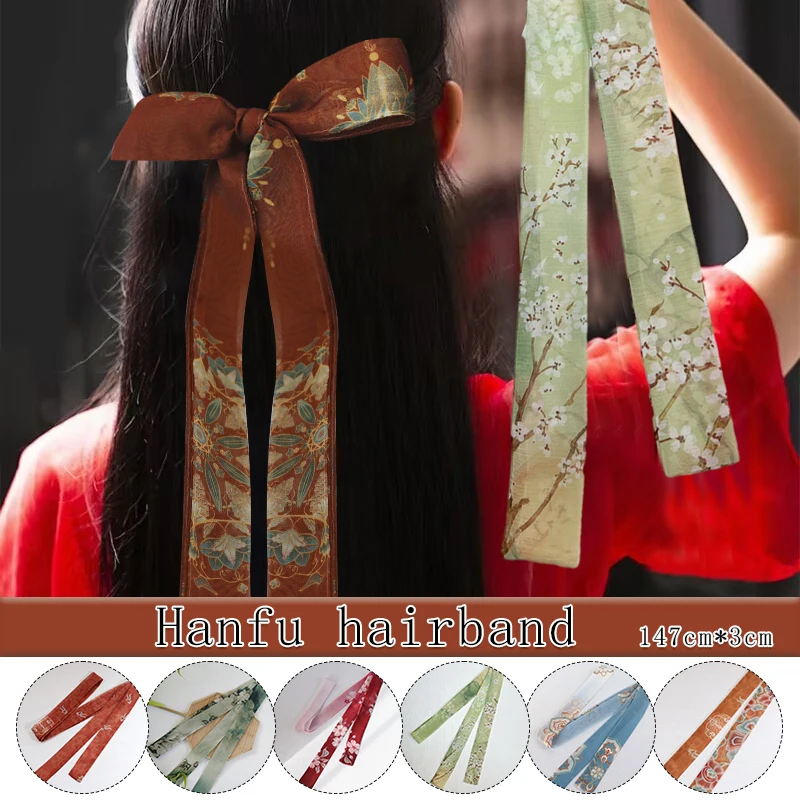 

Women Tang Style Printed Headband Antique Chinese Chiffon Hanfu Vintage Hair Band Headwear Hair Tie Ribbon Hair Accessories