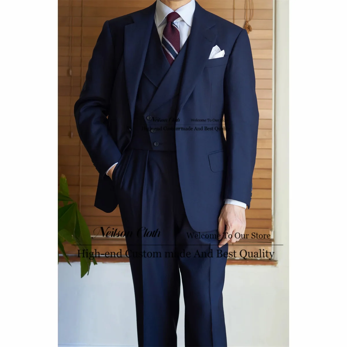 

Formal Navy Blue Male Prom Blazers 3 Pieces Sets Notched Lapel Groom Wedding Tuxedos For Men Slim Fit Business Terno Masculino