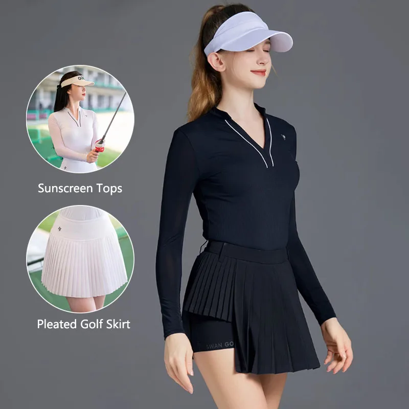 

SG Summer Sun Protected Ice Silk Tops Lady Long Sleeve Golf T-shirts Women High Waist Pleated Pantskirt Golf Skirt Suit