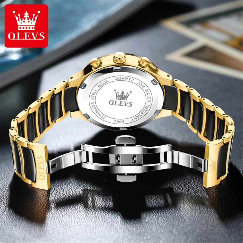 OLEVS Luxury brand Men's Watches 44mmDial Ceramic strap Moon Phase Waterproof Quartz Watch for Man Chronograph Roman Scale Watch