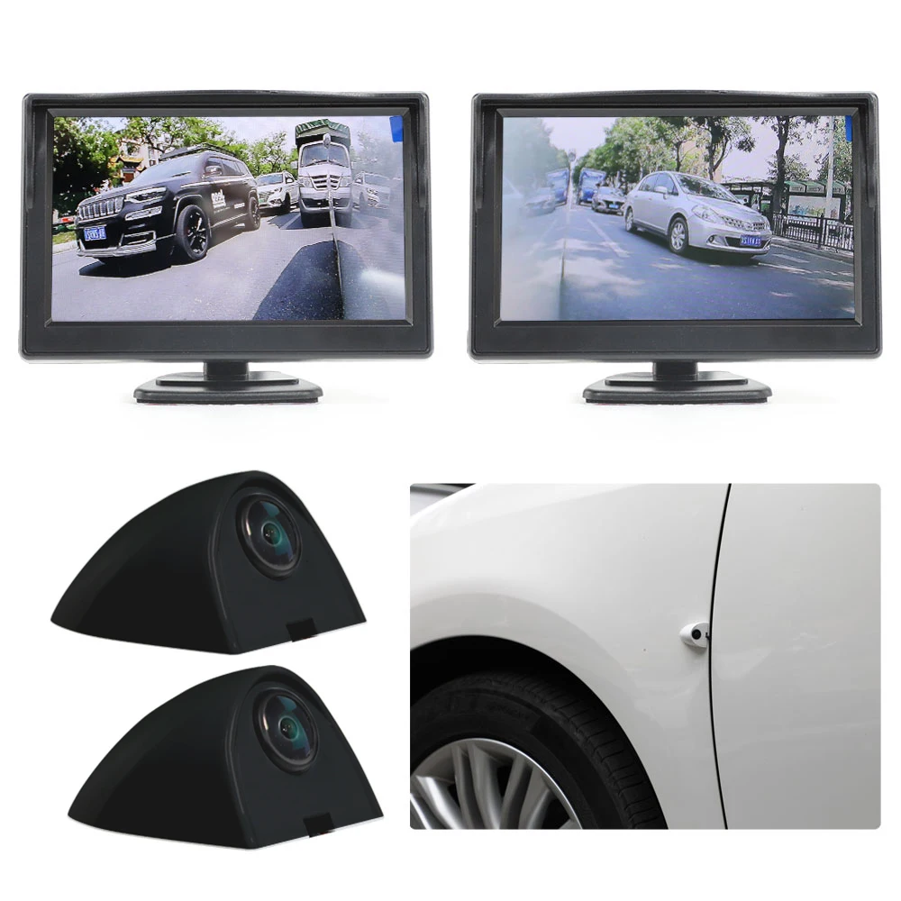 Carsanbo 5" Left and Right AHD Digital Side View Blind Spot Monitor Display with Two HD Black 720P Night Vision Side View Camera rear view mirror camera system Car Monitors