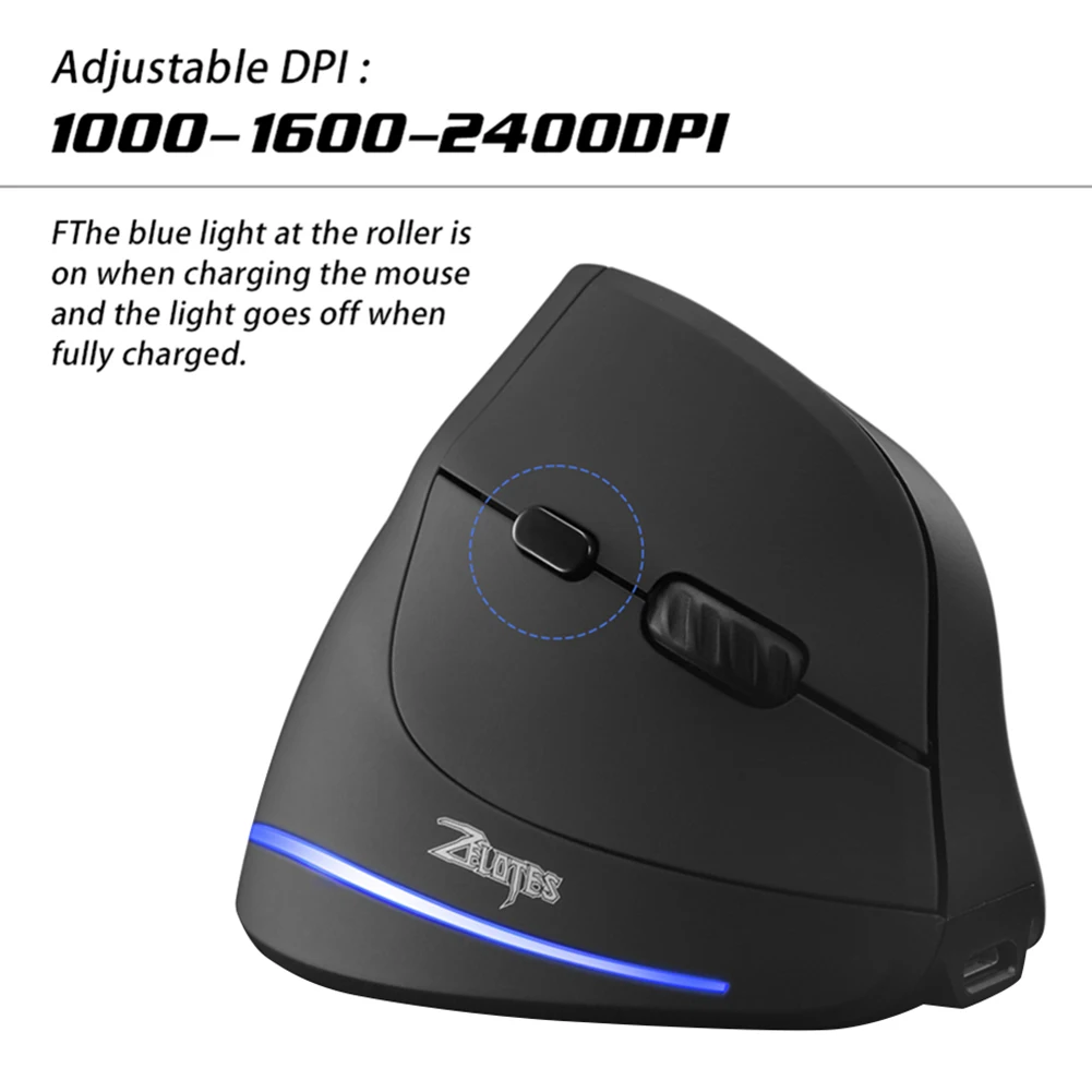 ZELOTES F-35 6 Buttons Rechargeable Wireless 2400DPI Adjustable Vertical Mouse