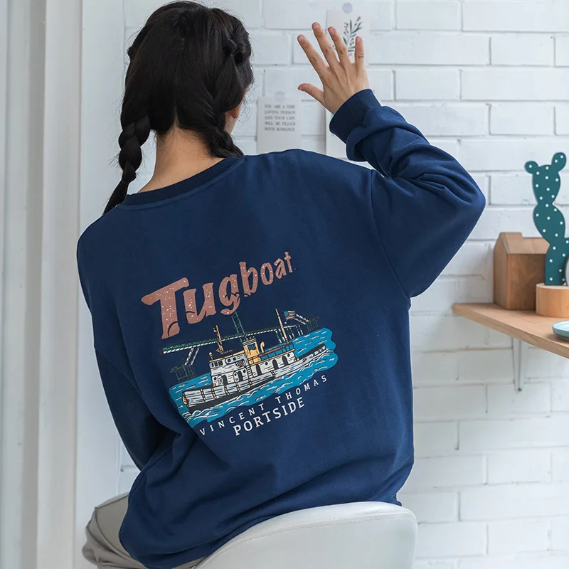 Women O-Neck Drop Sleeve Preppy Style Sweatshirts Dark Blue Simple Loose Casual Pullovers Cartoon Printed Cotton Sweatshirts