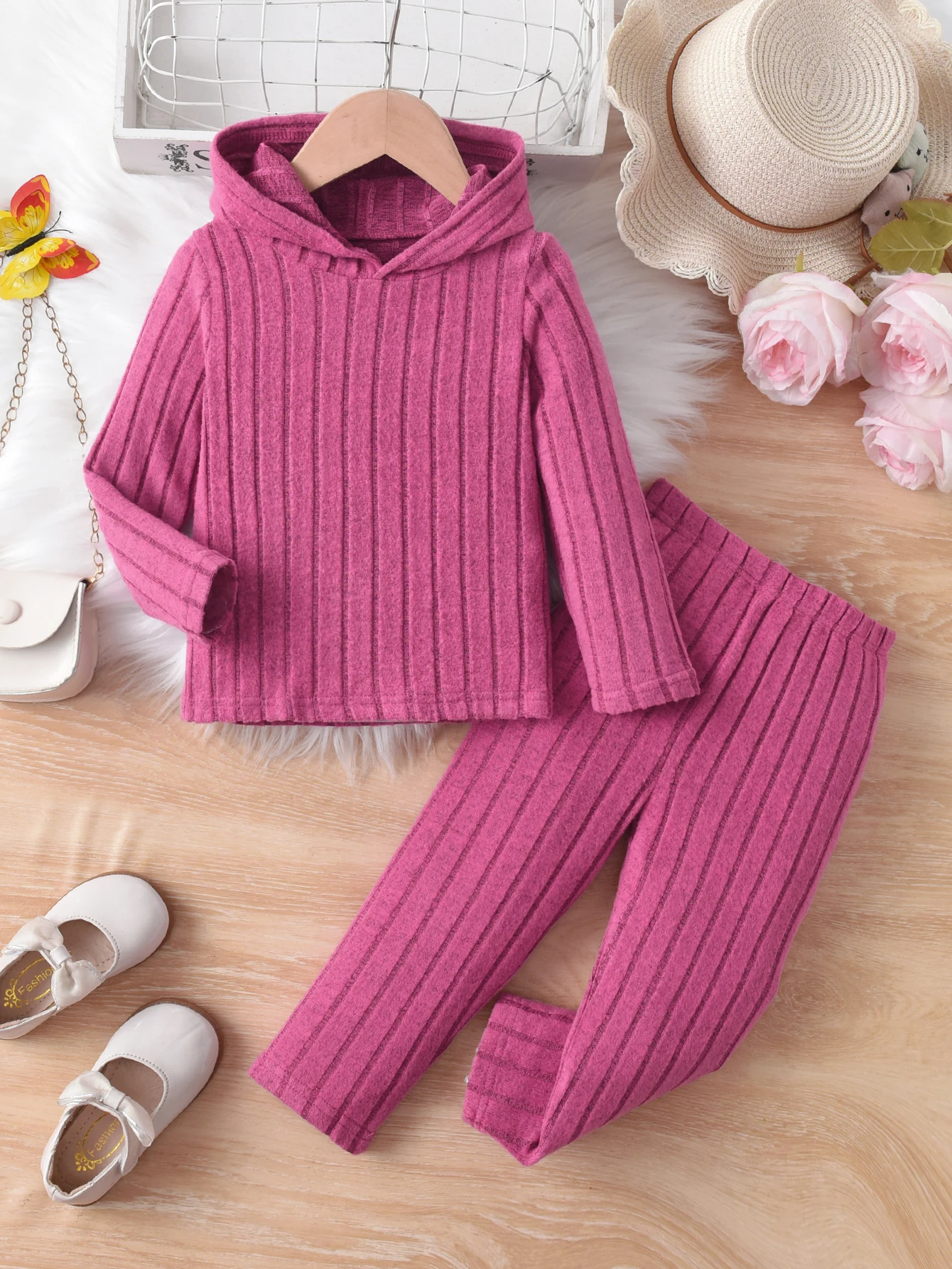 Girls' Casual Ribbed Set Of 2 Pieces, Children'S Long-Sleeved Hoodie And Trousers, Spring And Autumn Outdoor Or Home