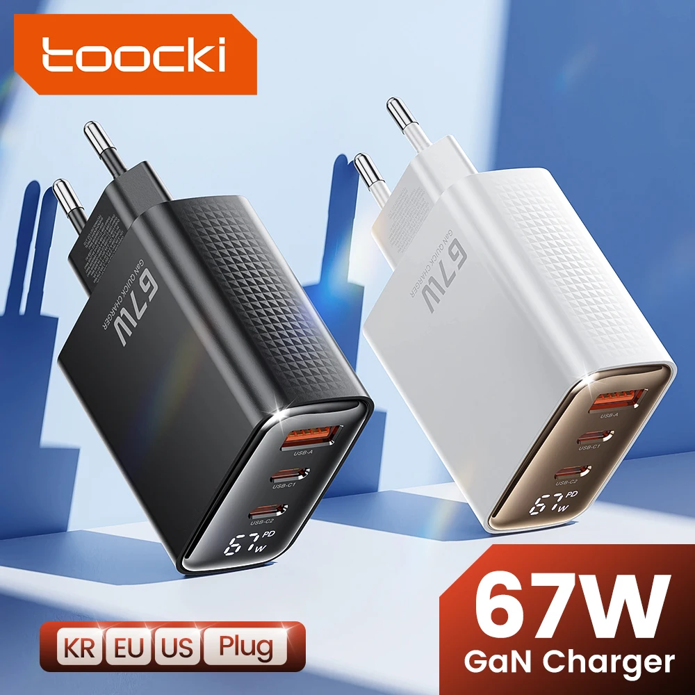 Power adapter,power charger Toocki PD 67W GaN USB Charger Digital Display Quick Charge QC4.0 Type C Charger For iPhone ipad Xiaomi Samsung Huawei Tablets