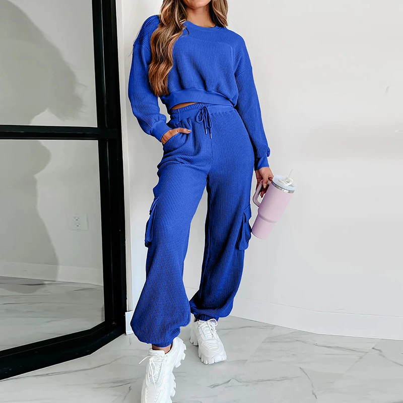 

Hot Girls Solid Ribbed Two Piece Outfits Female O Neck Long Sleeve Blouse +Drawstring Long Pants Sets Fashion Sport Autumn Suit