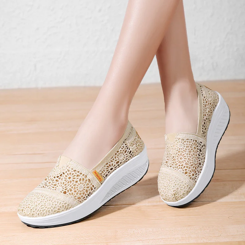 Women Shoes Platform Middle Heels Fashion Sneakers Woman Elegant Sweet Air Mesh Breathable Summer Shoes Casual Light Non-slip