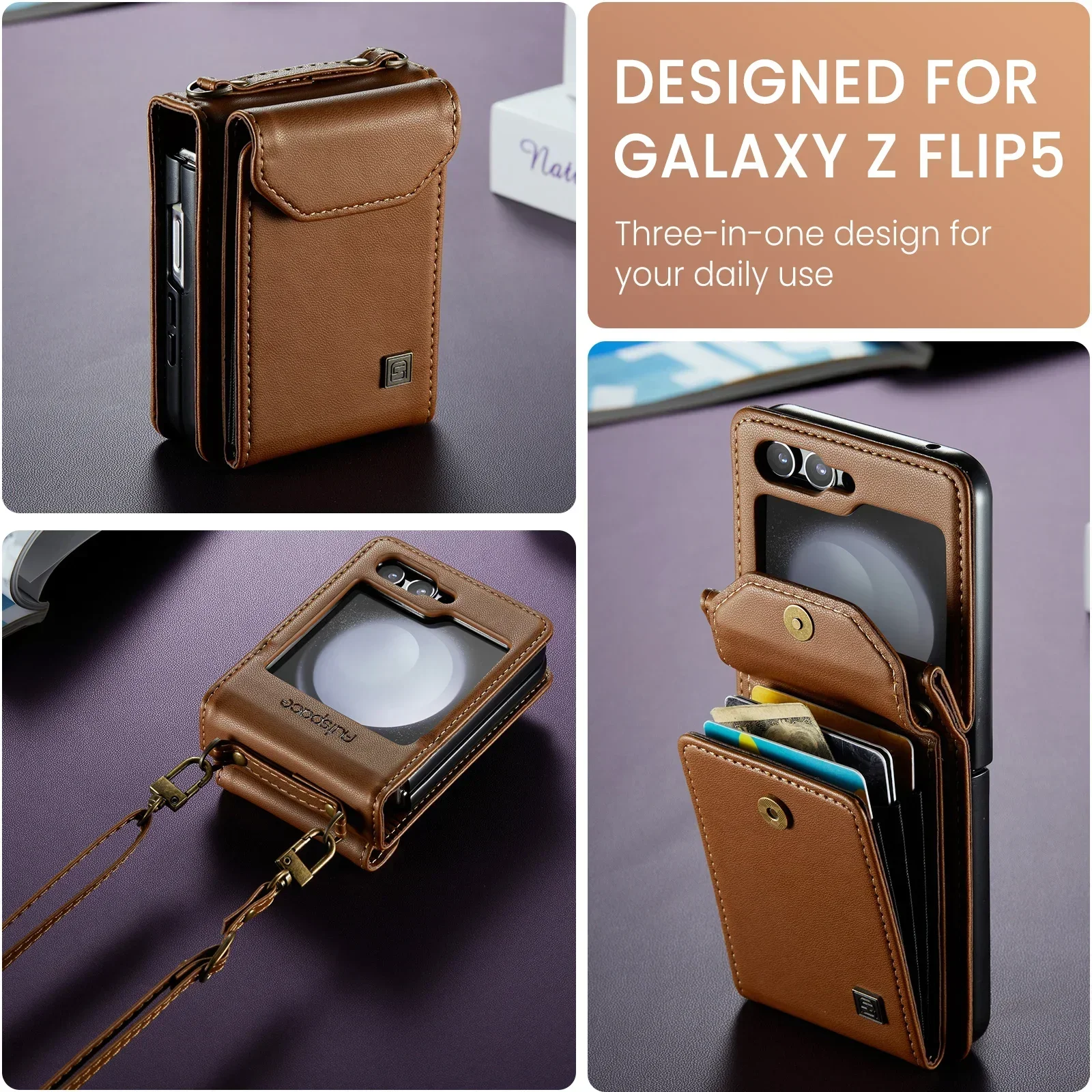 Leather Crossbody Lanyard Wallet Case with Card Slot and Shoulder Strap