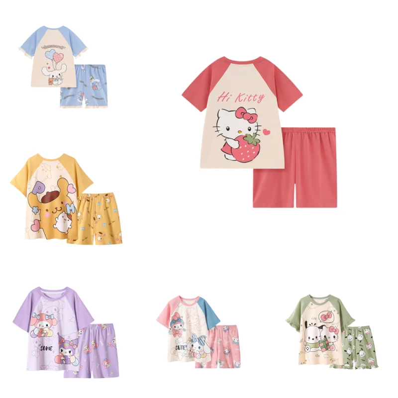 

MINISO Sanrio Girl's Pajamas Pochacco Pure Cotton Loungewear for Summer Cinnamoroll Cartoon Girl Short-sleeved Suit Holiday Gift