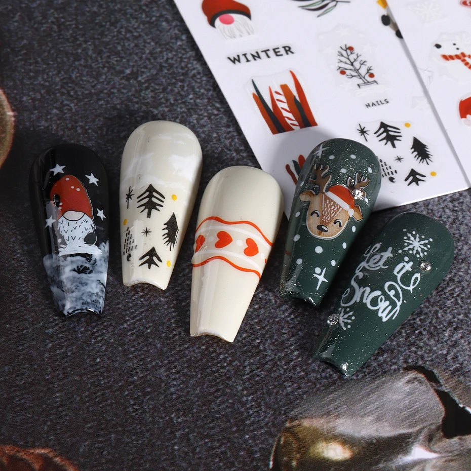 Merry Christmas Nail Art Sticker 3D Sliders Deer Santa Claus Decals New Year Nails Decorations Stickers For Manicure Accessories
