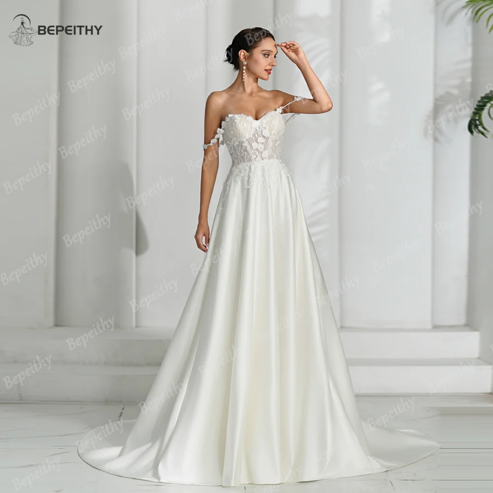 BEPEITHY Sweetheart Ivory A Line Wedding Dresses 2023 For Women Sleeveless Off Shoulder Boho Ivory Bride Satin Bridal Gown 2024