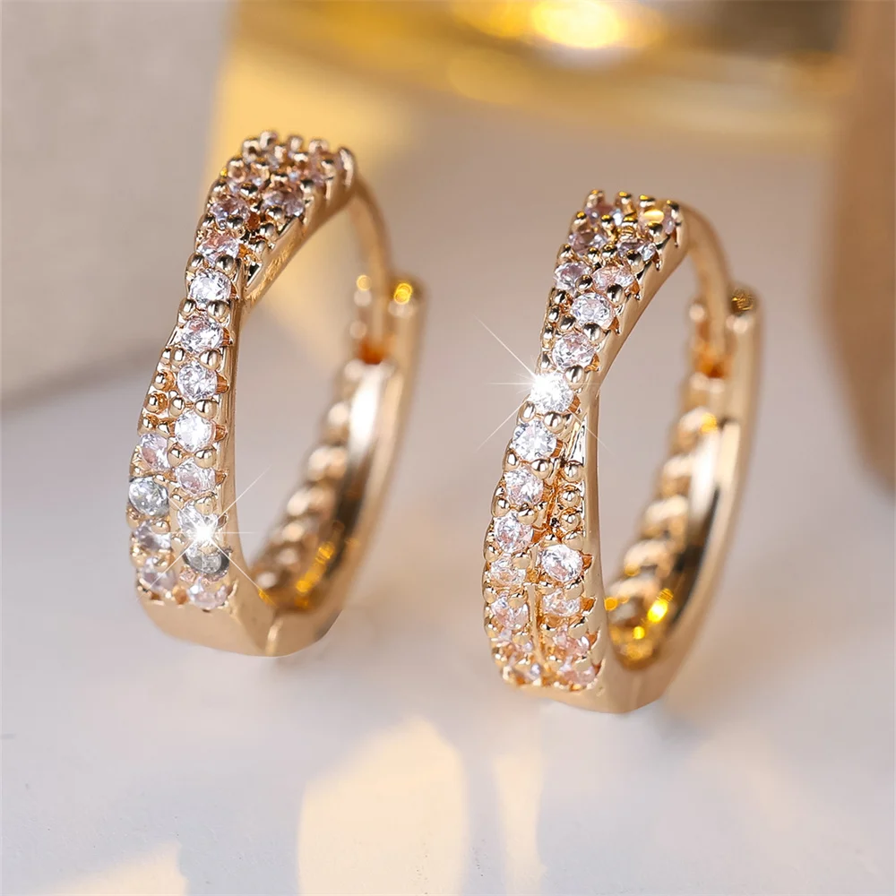 White Zircon Small Stone Crossed Hoop Earrings For Women Vintage Gold Silver Color Wedding Jewelry Versatile Accessory