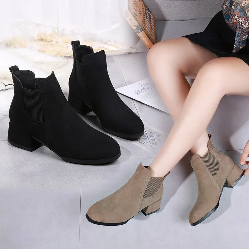 Women Mid Heels Warm Boots 2023 Winter New Chunky Chelsea Shoes Fashion Platform Ankle Sexy Walking Motorcycle Botas Mujer