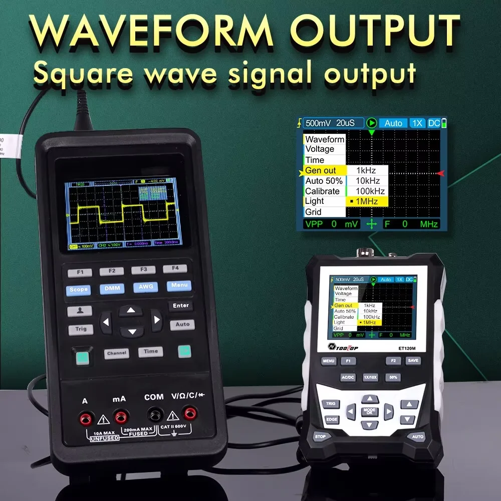 TOOLTOP ET120M 2.4-Inch Screen Digital Oscilloscope 120MHz Analog Bandwidth 1Mhz Square Wave Signal Output Handheld Oscilloscope 2