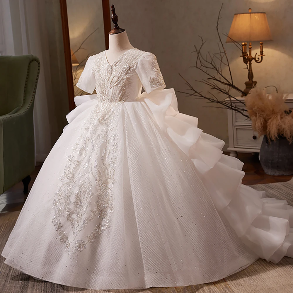 

Flower Girls Prom Wedding Dress Beadings Sequined Ruffles Tulle Layered Princess Dresses Kids Girls Ball Gown for Party Birthday