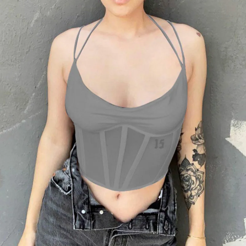 

Women's Summer Hot Girl Sling Vest Waist Strap Backless Bandage Slim Transparent Mesh Crop Top Ropa Mujer Rz*