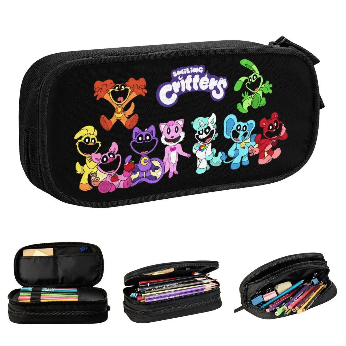 

Large Capacity Pencil Pouch Smiling Critters Game Merch Double Layer Pencil Case Stationery Girl Make Up Bag Amazing Gift