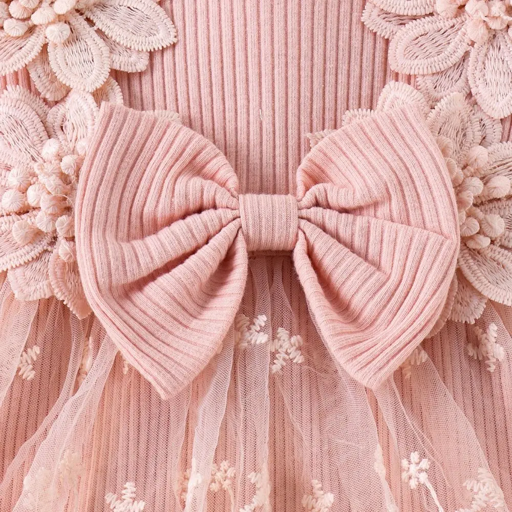 Cotton Baby Girl Princess Dress Bowknot Lace Mesh Baby Girl Bubble Dress Short Sleeve Sweet Infant Dress with Headband Summer