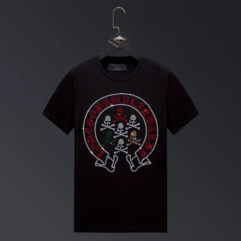 

2024 Skulls Rhinestones T Shirts Men Brand Fashion Streetwear O Neck Short Sleeve Slim Modal Cotton Mens Tshirts Plus Size 6XL