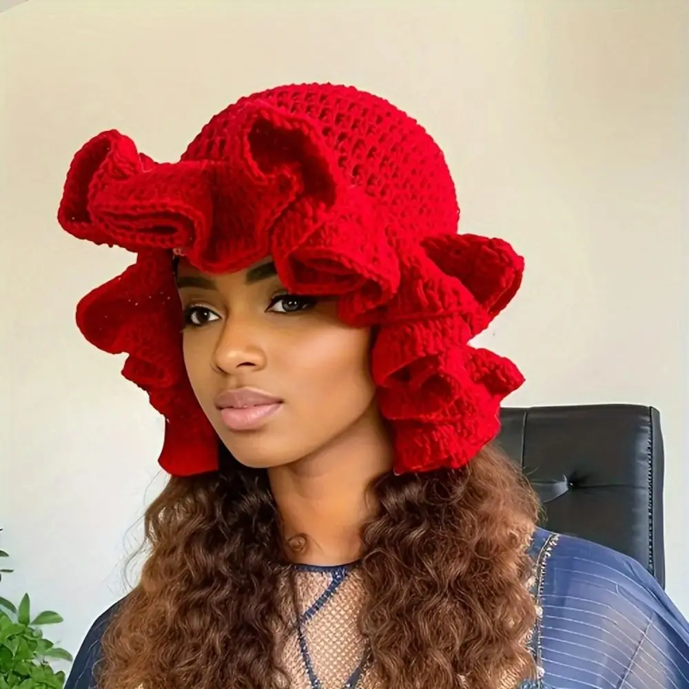 Polyester Crochet Knit Ruffle Beanie Sun Hat for Women