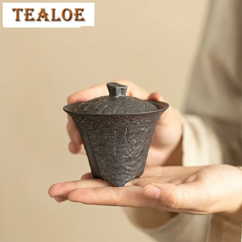 80ml Handmade Coarse Pottery Gaiwan Ancient Bronze Glaze Three Leg Tea Tureen Household Tea Making Cover Bowl Drinkware Craft
