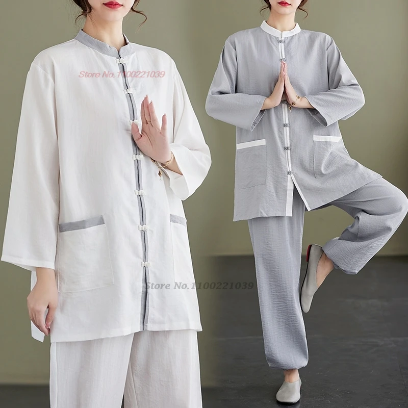 

2024 tai chi uniform wushu kung fu vintage taijiquan practice martial arts wing chun tops+pants set morning walking exercise