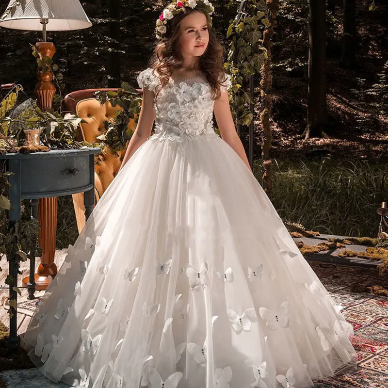 

Платье для девочек с цветочным рисунком на свадьбу, белое длинное официальное платье с хвостом для маленьких девочек, элегантное вечернее стандартное бальное платье принцессы, детское платье на день рождения