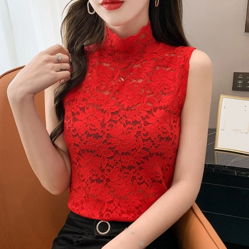 Women T-Shirts Sexy Turtleneck Lace Fitted for Tank Top Slim Fit Tunic Bottoming - 5