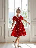 Robe courte à manches courtes en dentelle rouge à col carré décontractée et douce pour les petites filles - Convient aux filles de 4 à 7 ans en été 2