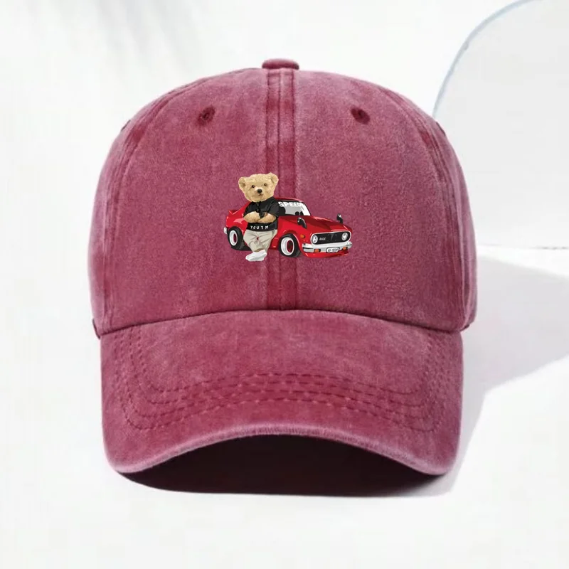 Passen Sie die Vintage-Baseballmütze aus gewaschener Baumwolle für Herren mit Teddybär-Muster, modische Hüte, Papa-Kappe, verstellbar, lässig, täglich, zum Fahren – Detail 9