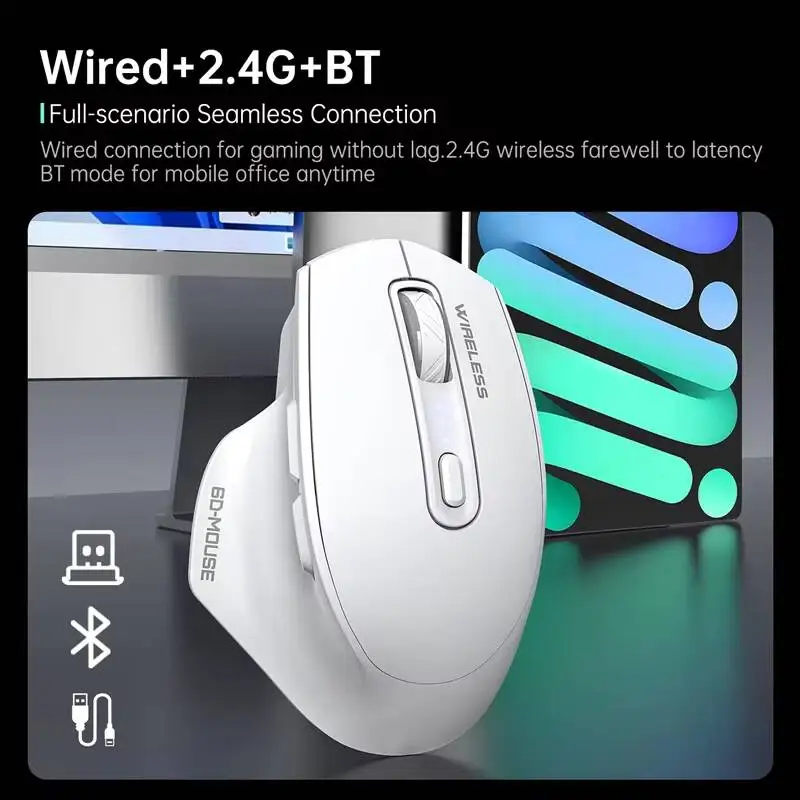 새로운 인체공학적 트라이 모드 마우스 유선+2.4G+블루투스 타입-C 충전 LED 디스플레이 PC 노트북 게임용 사일런트 클릭 사무용 액세서리