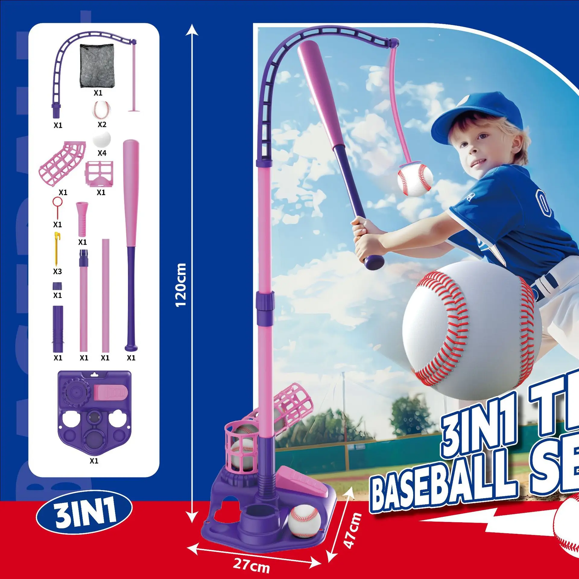  3-in-1-Baseballspielzeug-Set für Kinder mit hängendem Ballständer/Stehender T-Ball/Auto Launcher, höhenverstellbar, Baseball für Kleinkinder, Weihnachten