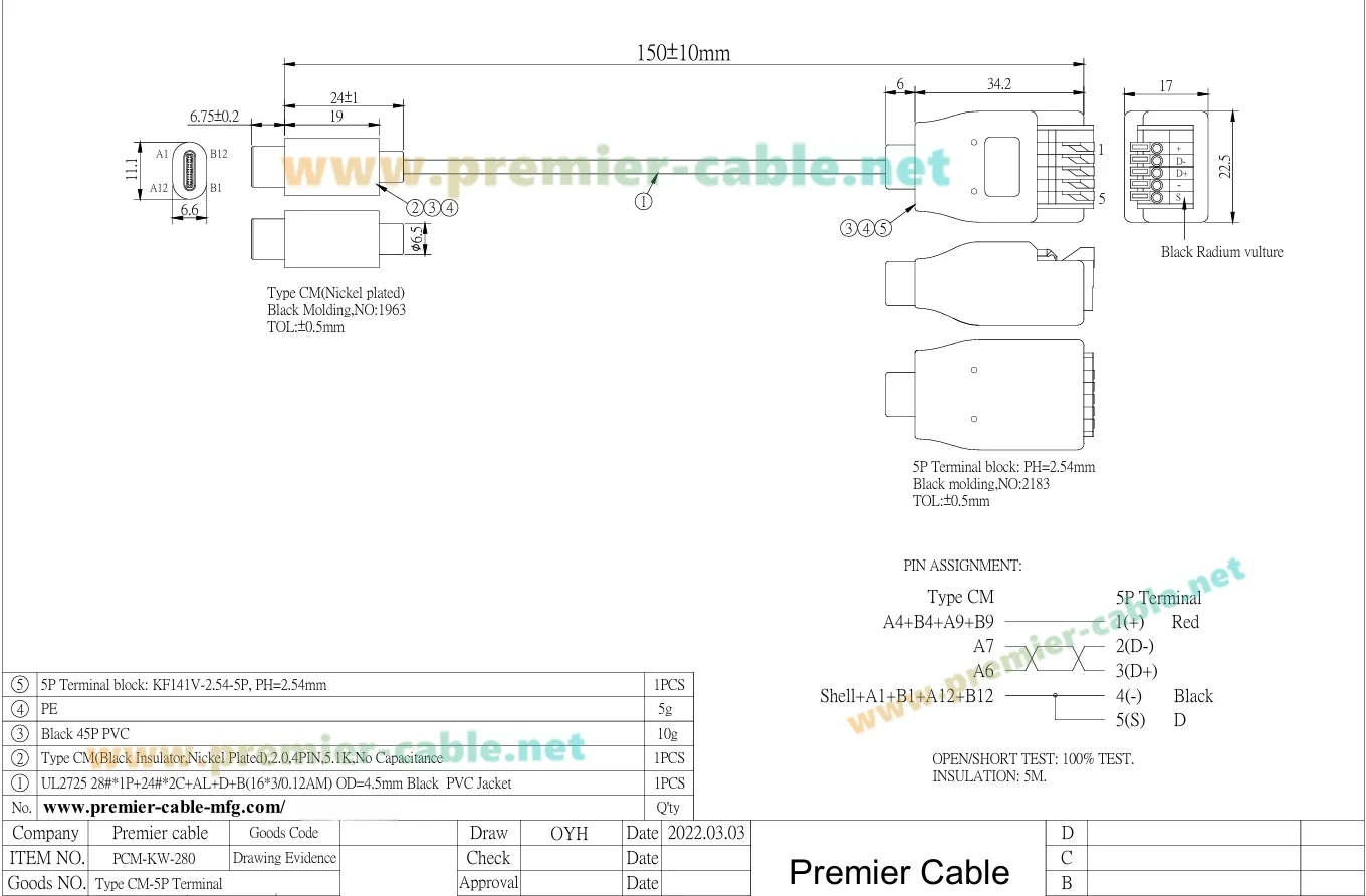 Schnellanschluss USB 3.1 C auf 5-Pin Federklemmen-Kabel Typ C Lötfreies Schraubenloses Push-Terminal Breakout-Board – Detail 1