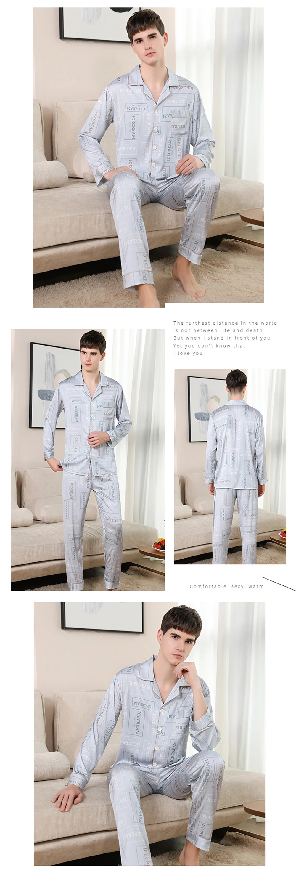 Trendyol Print Silk Pajamas Men's Pijama Sets Spring Summer Thin Satin Long Sleeve Sleep Tops Elastic Waist Soft Pajama for Men cotton short pyjamas