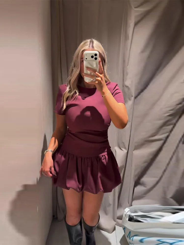 Kurzärmliges Ballon-Plissee-Minikleid für Damen, Rundhals-Abendkleid mit Taillenschnürung, Schlankes Cocktailkleid, Frühlings-Chic-Damenrobe – Detail 14