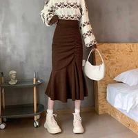 Lucyever Fashion High Waist Midi Skirts for Women 2025 Spring Slim Fit  Hip Mermaid Skirt Woman Korean Ruffles Brown Skirts 2XL - Image 2