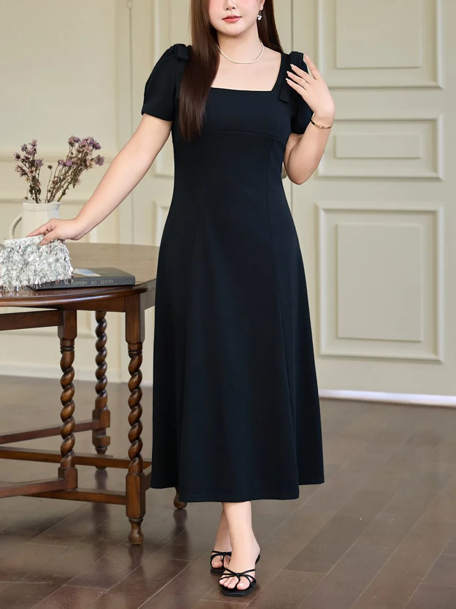 French Square Collar Bow A-line Cinched Waist Dress Plus Size Women Commuting Sweet Premium Black And Red Puff Sleeve Long Dress