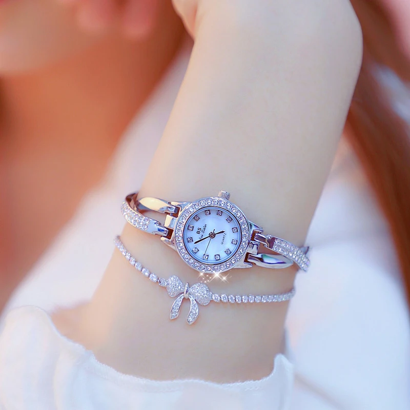 BS Brand Women's Watches Fashion Silver Luxury Rhinestone Watch Women Watches bracelet set Gold Creative Ladies Diamond Watch