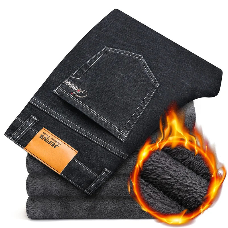 

Plus Size 44 46 Oversized Jeans Winter New Fleece Stretch Pants Classic Blue Black Straight Business Casual Male Denim Trousers