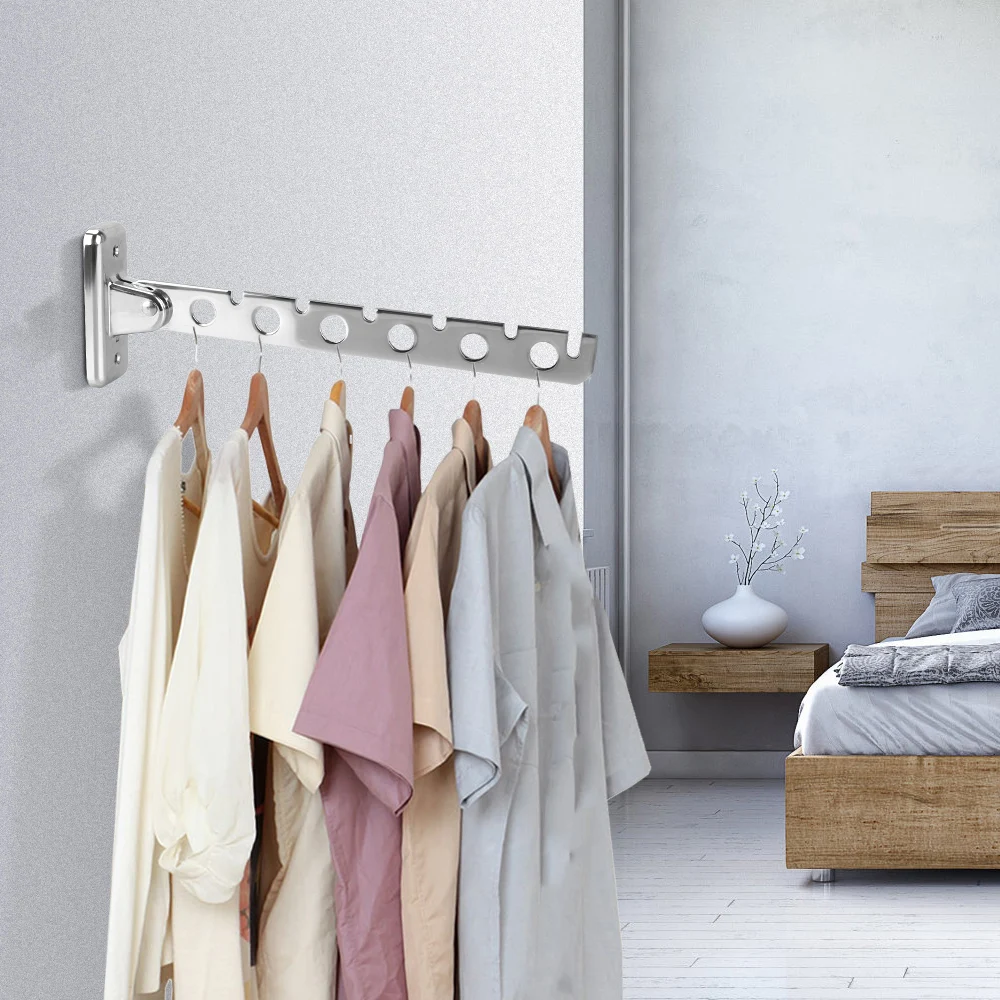 Clothes Folding Hangers Laundry Storage Supplies Wall Mounted Clothes Drying Rack Indoor Space Saving Stainless Steel 6 Holes 5