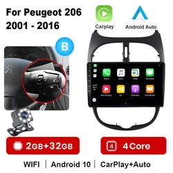 Autoradio Carplay android, 2 go/32 go, navigation GPS, Bluetooth, WIFI, lecteur multimédia, DVD, 2 din, pour voiture Peugeot 206 (2001 – 2008) 