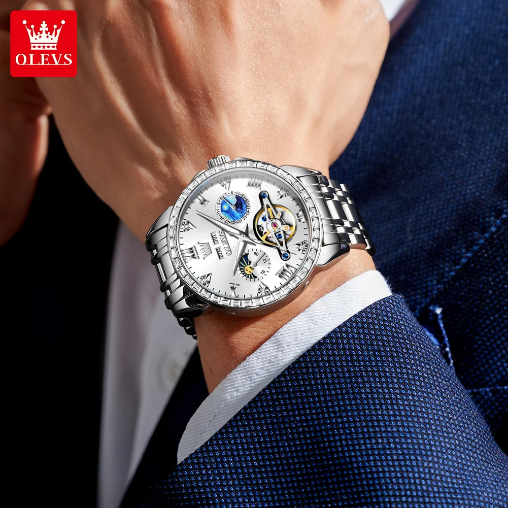 OLEVS 6712 Men Automatic Watch Original Hollow Skeleton Moon Phase Date Mechanical Watch For Men Waterproof Luxury Wristwatch
