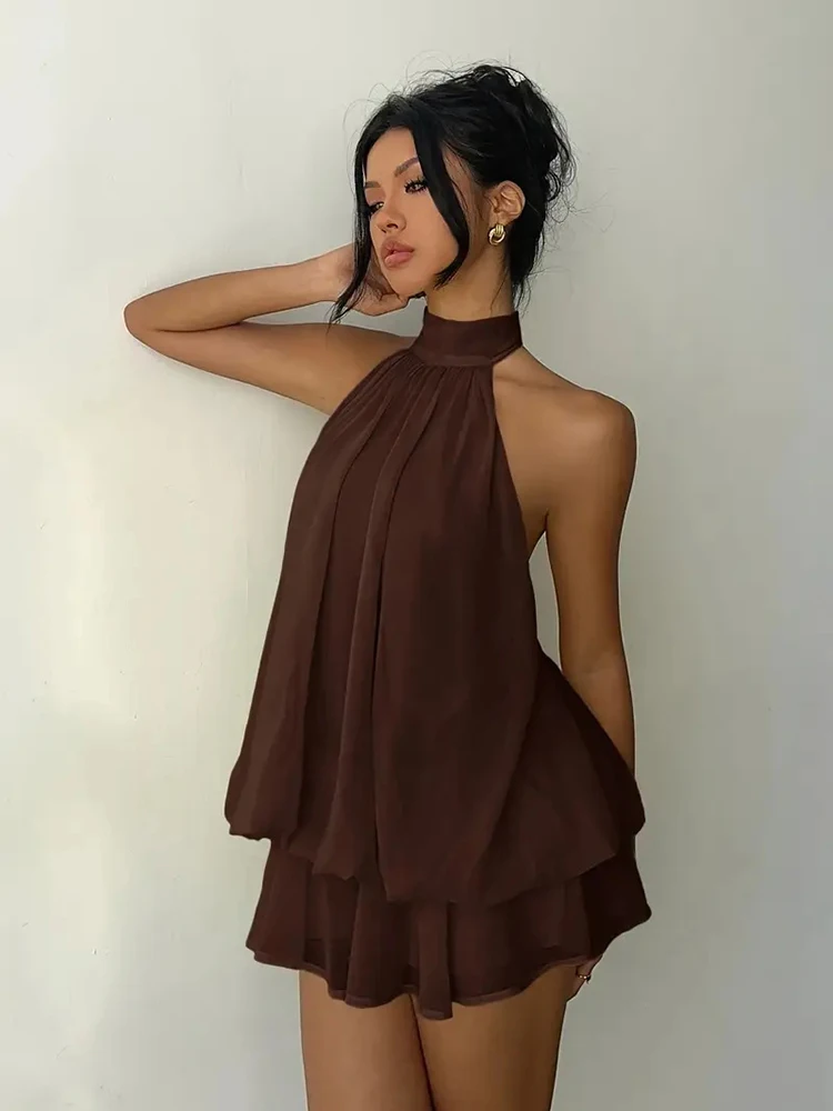 Women's Halter Neck Backless Chiffon Ruffle Mini Dress 1
