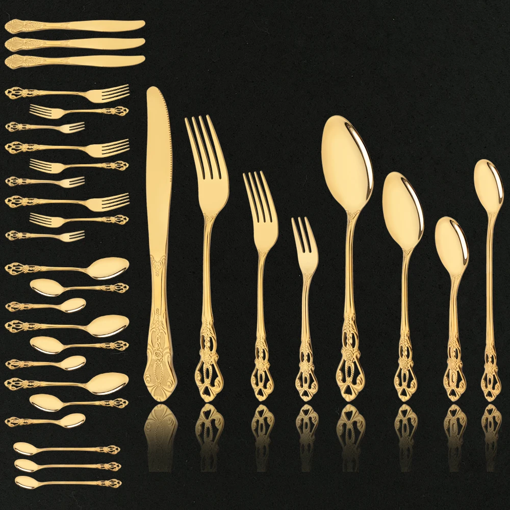 

32Pcs Gold Royal Dinnerware Set Knife Dessert Fork Spoon Flatware Stainless Steel Cutlery Kitchen Silverware Tableware Set