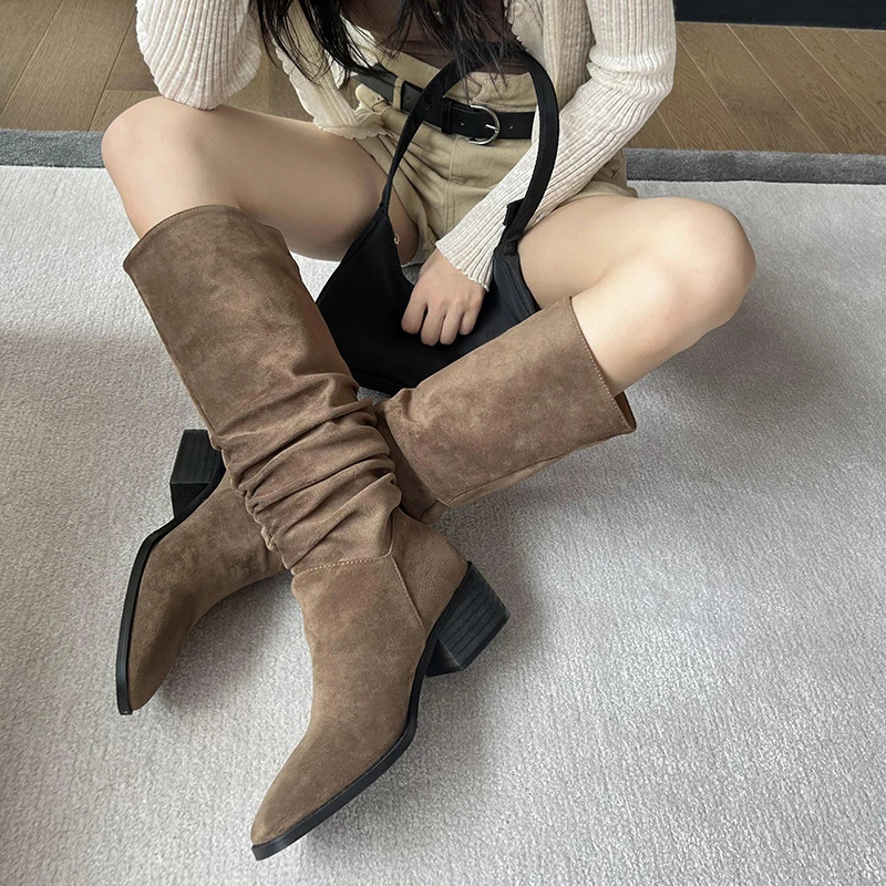 

Women's Winter Simple Pleated Shoes Woman INS Slip On High Boots Faux Suede Botas Korea Concise Style Spring Autumn Woman Boots